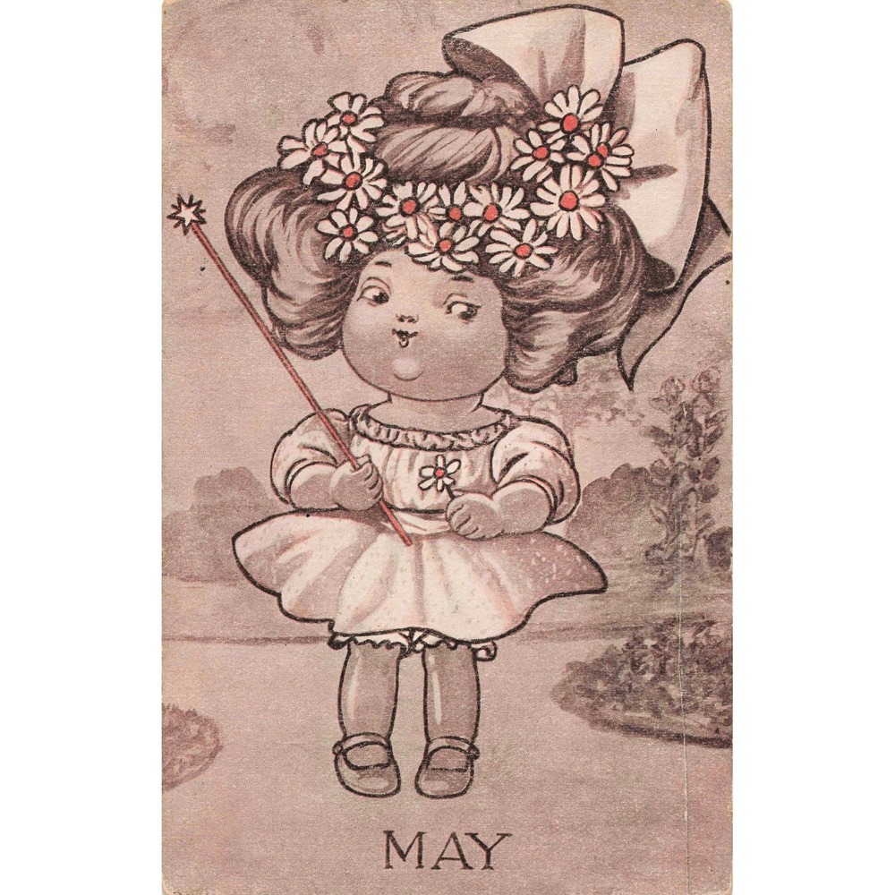 Antique May Calendar Girl Postcard Daisy Crown Star Wand AH Monogram VG
